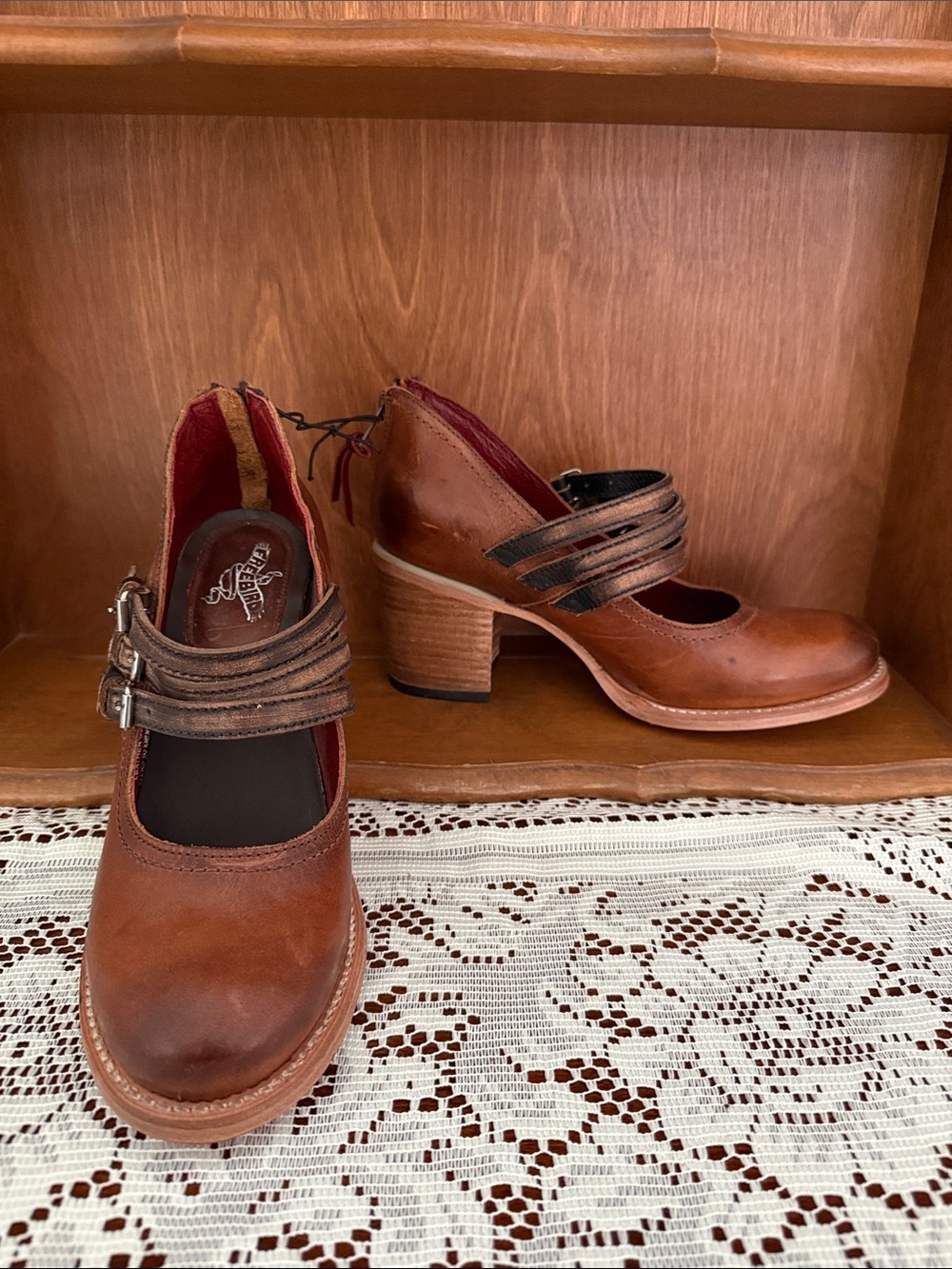 Brown Leather Strappy Mary Jane Heels